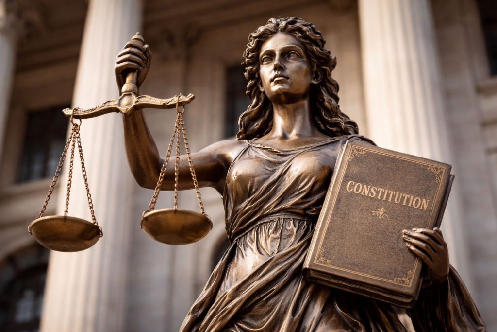 WHY DOES LADY JUSTICE HOLD THE CONSTITUTION IN HER HAND AND WHY ARE HER EYES -NOT COVERED