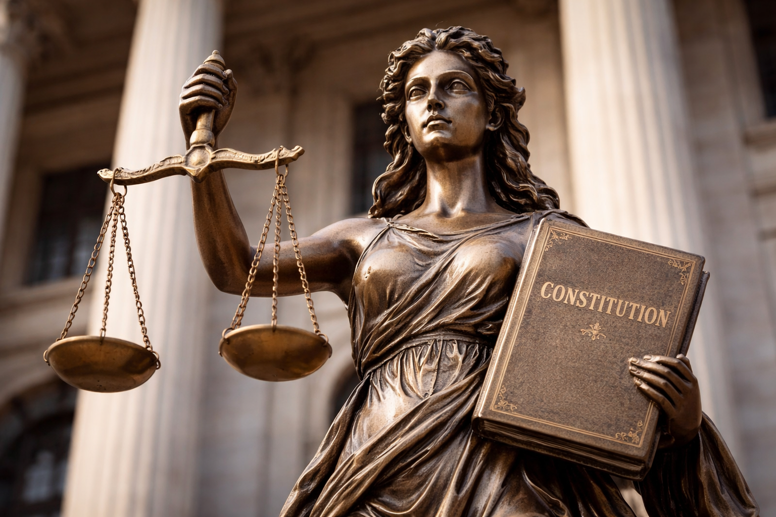 WHY DOES LADY JUSTICE HOLD THE CONSTITUTION IN HER HAND AND WHY ARE HER EYES -NOT COVERED