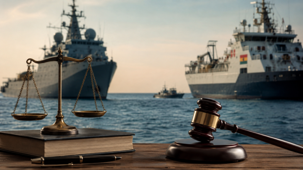 Create a realistic featured image for my blog on "Sovereign Immunity vs Personal Liability in International Law: A Legal Analysis of the Hormuz–Enrica Lexie Paradigm" 16:9 ratio. And, assure that the image doesn't contains tit